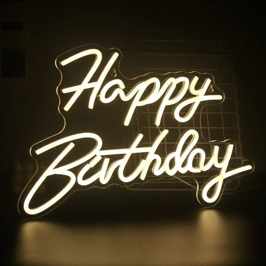 White Happy Birthday Neon Sign | Custom Neon Sign | Neon for Birthday Decor Neon sign with 'Happy Birthday' text on a dark background