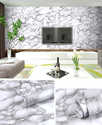 Peel and Stick Wallpaper, Self Adhesive DIY Wall Sticker for Bedroom Hall Living Room Kitchen Home & Office, PVC Coated & Waterproof Surface Scratch Resistant – 45 x 300cm Living room with marble-patterned wallpaper and a TV, followed by close-ups of the wallpaper roll.