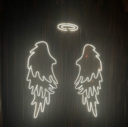 White Wings Neon Sign | Custom Neon Sign | Neon for Restaurants, Banquet Neon angel wings with a halo on a dark background