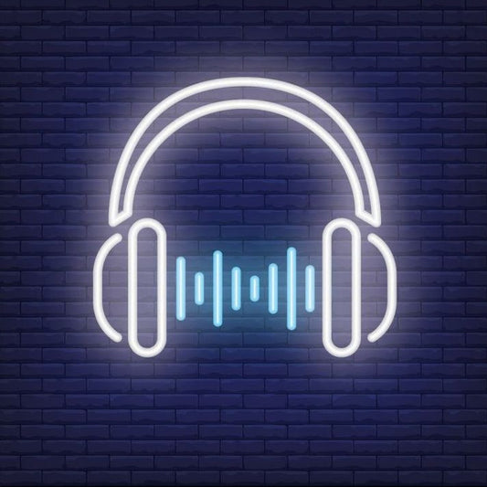 Headphone neon wall sign with blue audio waveform for music room studio and decor