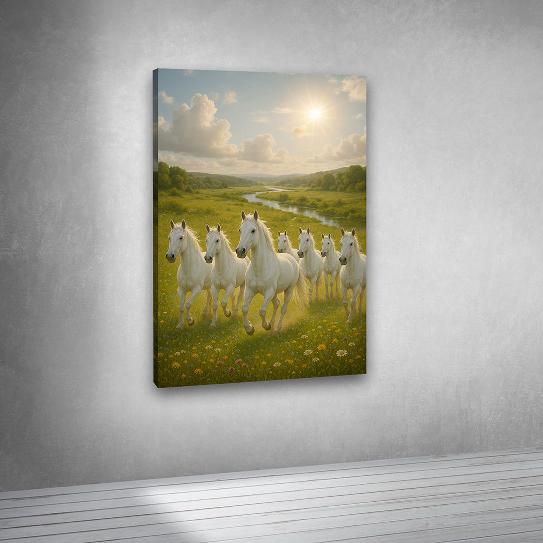 White horses running in green field painting vastu wall art for living room
