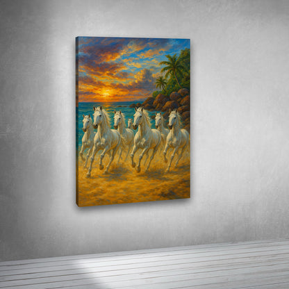 White horses running painting vastu wall art for living room with sunset background