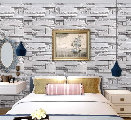 Peel and Stick Wallpaper, Self Adhesive DIY Wall Sticker for Bedroom Hall Living Room Kitchen Home & Office, PVC Coated & Waterproof Surface Scratch Resistant – 45 x 300cm Bedroom with gray brick-patterned wallpaper, bed with decorative pillows, and framed artwork.