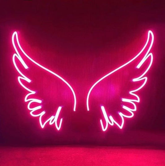 Wings Pink Neon Sign | Custom Neon Sign | Neon for Living Room Neon sign of wings with 'Wish' on a dark pink background