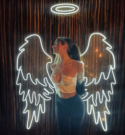 Wings White Neon Sign | Custom Neon Sign | Neon for Living Room, Banquet Person with neon angel wings and halo against a dark background