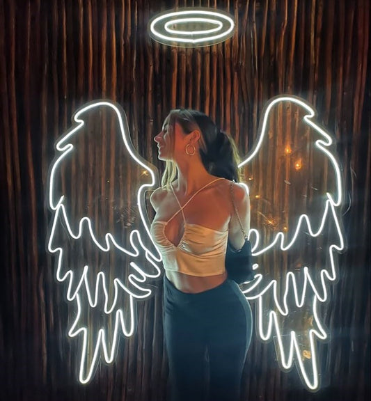 Wings White Neon Sign | Custom Neon Sign | Neon for Living Room, Banquet Person with neon angel wings and halo against a dark background