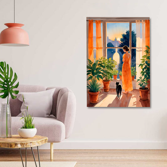 Woman at window with indoor plants canvas painting aesthetic modern wall art for home decor