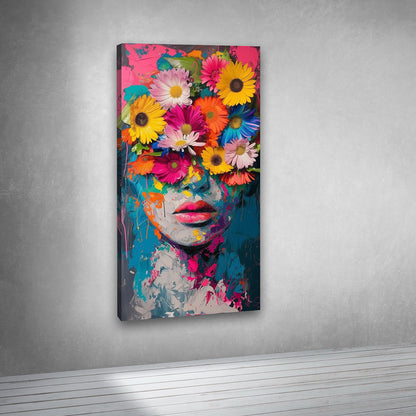 Woman face with flowers painting vibrant artistic wall decor for living room