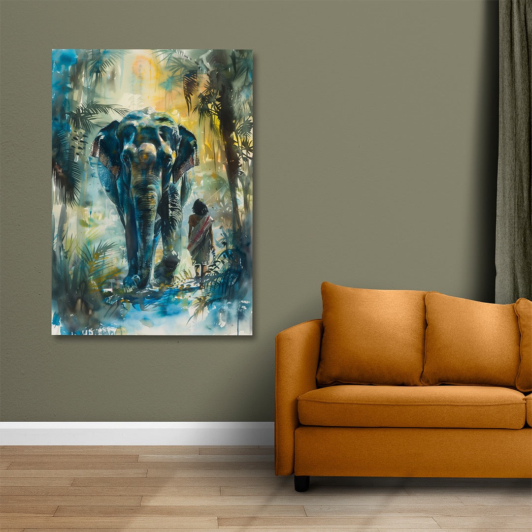 Woman walking with elephant forest canvas painting emotional wildlife wall art for home decor