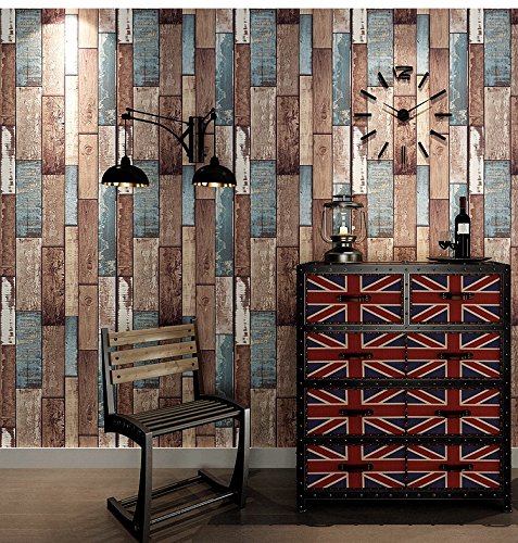 Wood Design Wallpaper for Covering Living Room, Bedroom Walls (PVC, Size 21" inch X 33ft, Roll- 57sqft, Color Wooden Stripes) Room interior with wooden wall paneling, a bench, and a cabinet with British flag design.