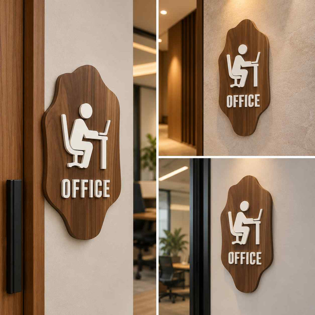 Modern wooden office nameplate with white seated worker symbol displayed on a contemporary office entrance door and wall.