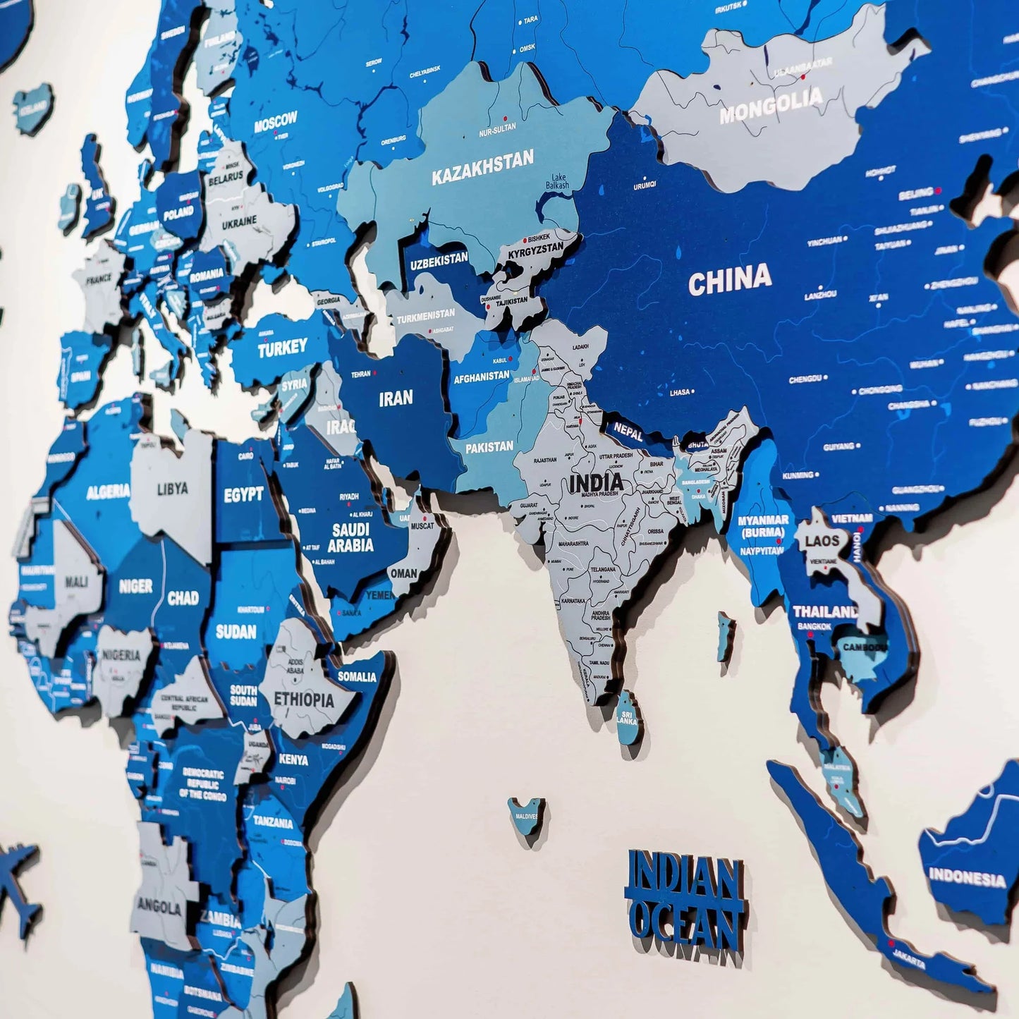 Premium Blue 3D World Map Wall Art | Modern Wooden Decorative Wall Decor for Home & Office