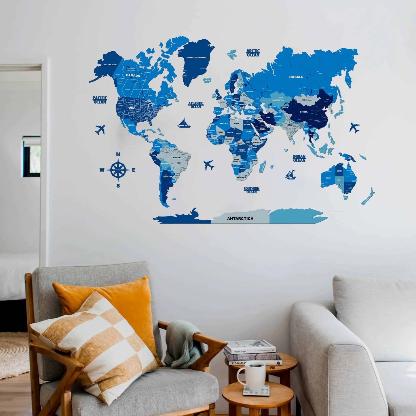 Premium Blue 3D World Map Wall Art | Modern Wooden Decorative Wall Decor for Home & Office