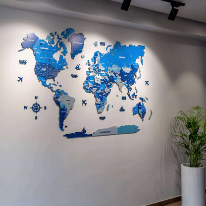 Premium Blue 3D World Map Wall Art | Modern Wooden Decorative Wall Decor for Home & Office