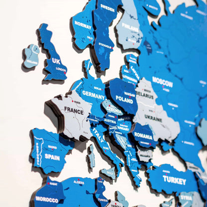 Premium Blue 3D World Map Wall Art | Modern Wooden Decorative Wall Decor for Home & Office