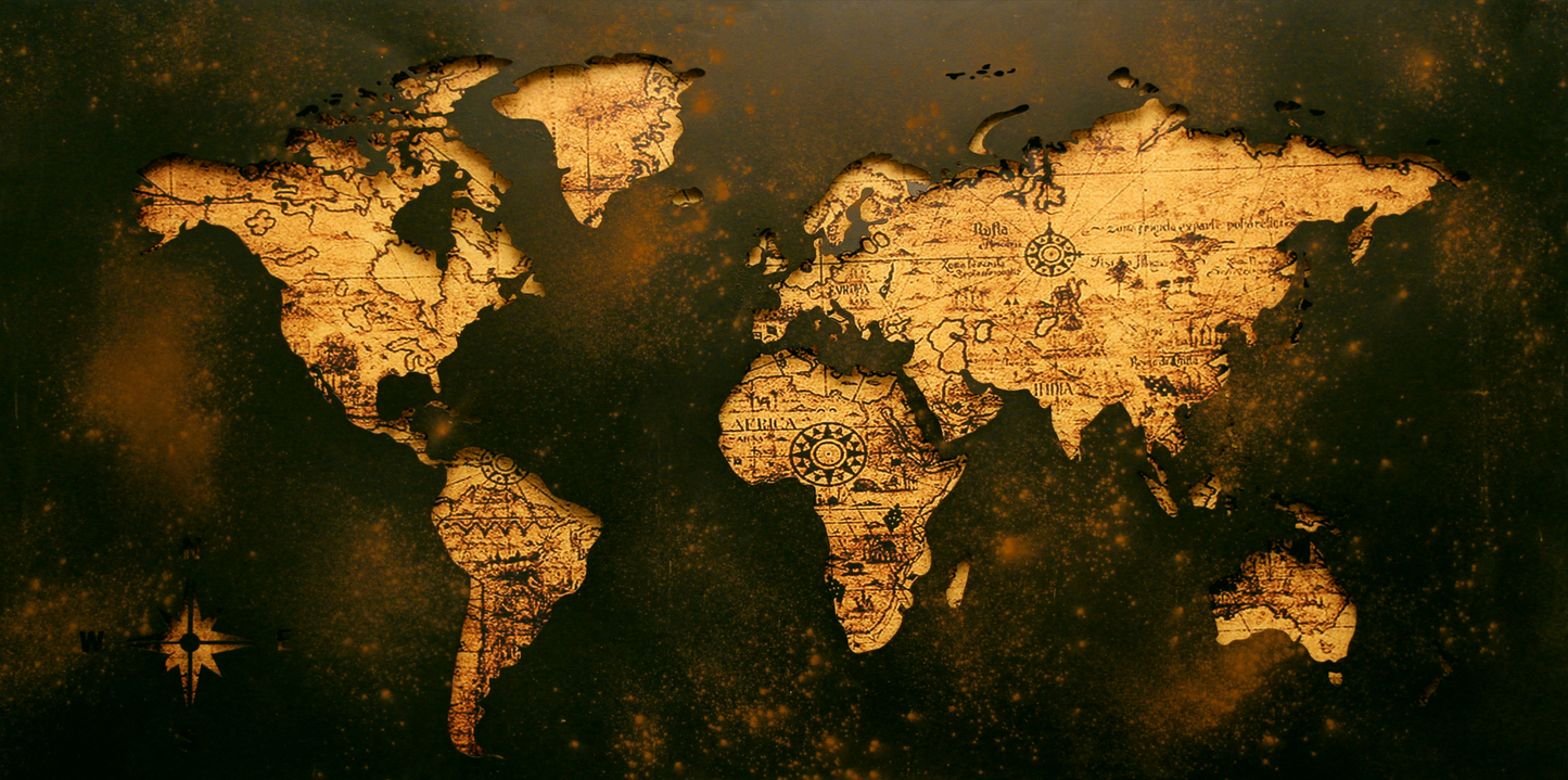 World Map Wallpaper for Classroom Wall Decors | Wallpaper | Map Wallpapers World map on a textured surface with a warm, amber glow.