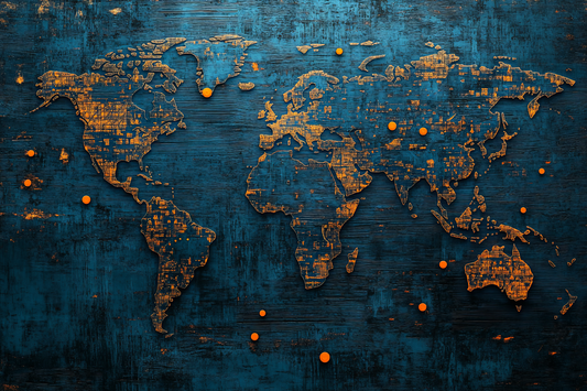 World Map Wallpaper for Office Wall Decors | Wallpaper | Map wallpapers World map with orange pins on a textured blue background