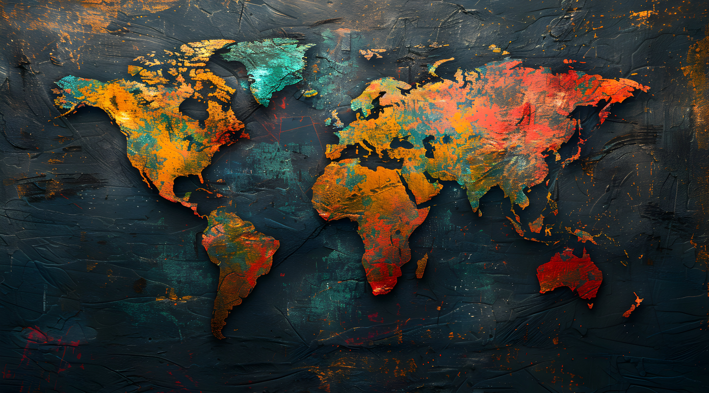 World Map Wallpaper for School Wall Decors | Wallpaper | Map Wallpapers Colorful world map on a textured dark background