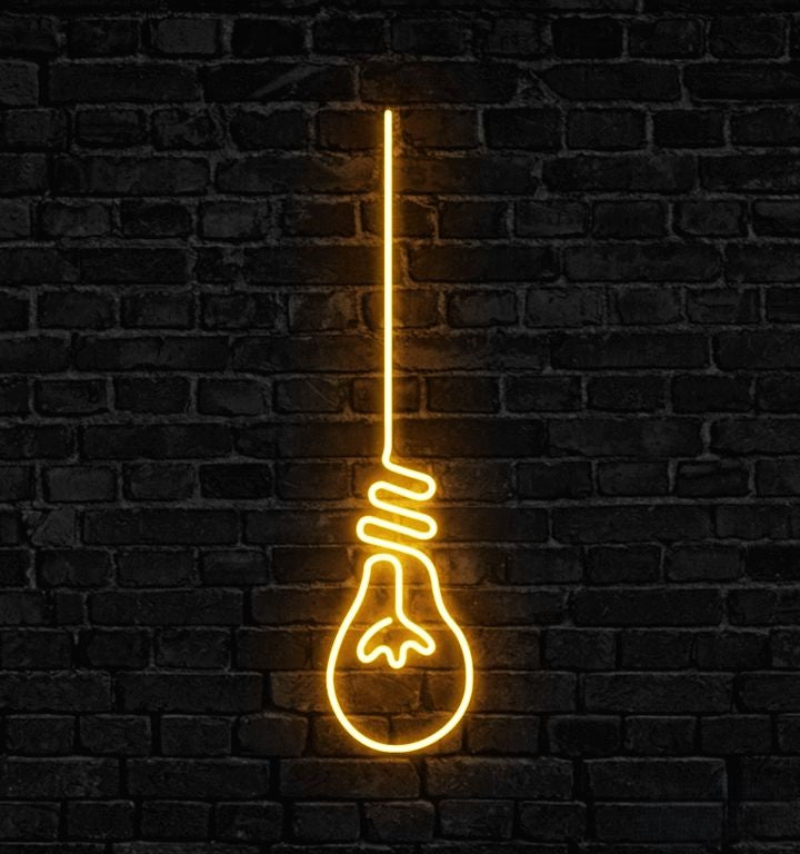 Yellow Bulb Neon Sign | Custom Neon Sign | Neon for Bar Restaurant Decor Neon light bulb sign on a dark brick wall