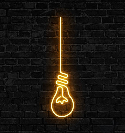 Yellow Bulb Neon Sign | Custom Neon Sign | Neon for Bar Restaurant Decor Neon light bulb sign on a dark brick wall