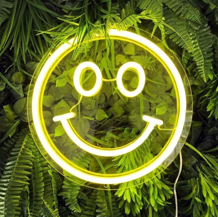 Yellow Smile Neon Sign | Custom Neon Sign | Neon for Living Room Decor Neon smiley face light on a background of green leaves