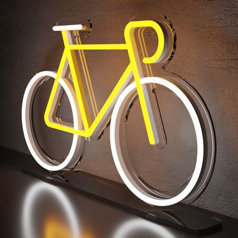 Yellow and white bicycle neon wall sign for cycling room gym bedroom and home decor
