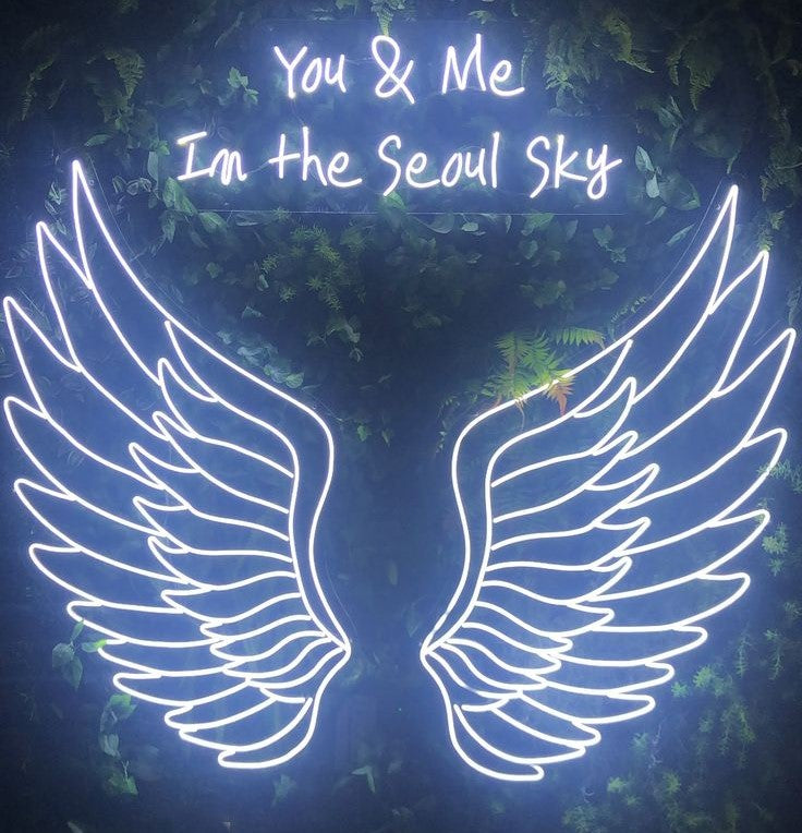 You and Me Wings Neon Sign | Custom Neon Sign | Neon for Restaurants, Banquet Neon sign with wings and text 'You & Me In the Seoul Sky' against a dark background