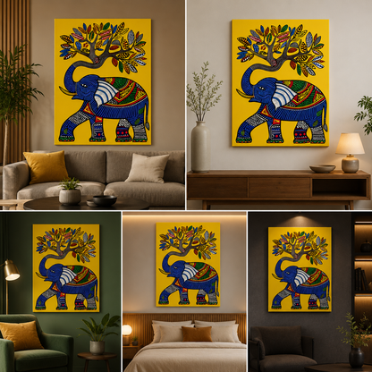 Blue Madhubani elephant beneath a patterned tree on a yellow canvas, shown above a sofa, sideboard, armchairs and bed.