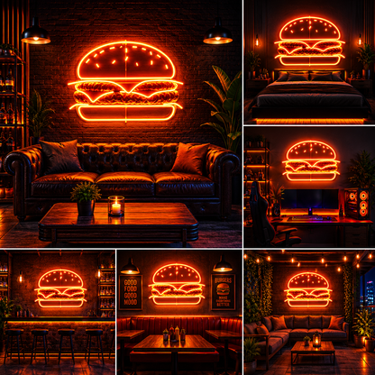 Burger Neon Sign Board – Fast Food Custom Neon Light Wall Decor (20 By 20 Inches)