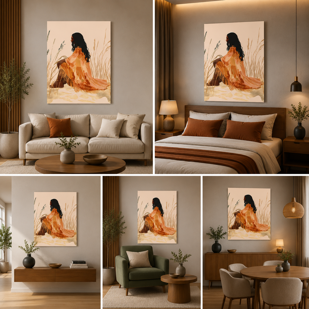 Bohemian Woman Canvas Painting Frame – Minimalist Boho Style Canvas Wall Art Painting Frame for Living Room Decor