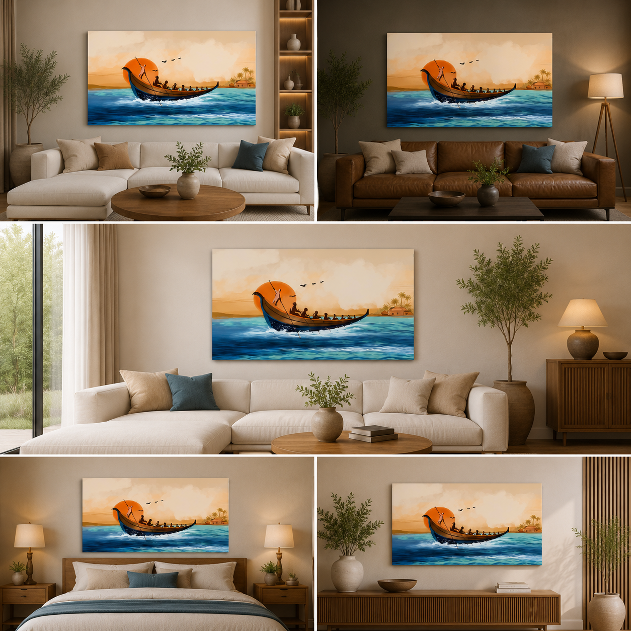 Kerala Boat Race Sunset Canvas Wall Painting | Traditional Vallam Kali Artwork | Premium Coastal Wall Decor