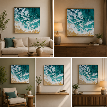 Ocean Wave Abstract Wall Painting | Teal Coastal Canvas Art for Modern Home Decor