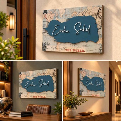 Personalized Travel Map Nameplate with Custom Script Name and Vintage World Map Design