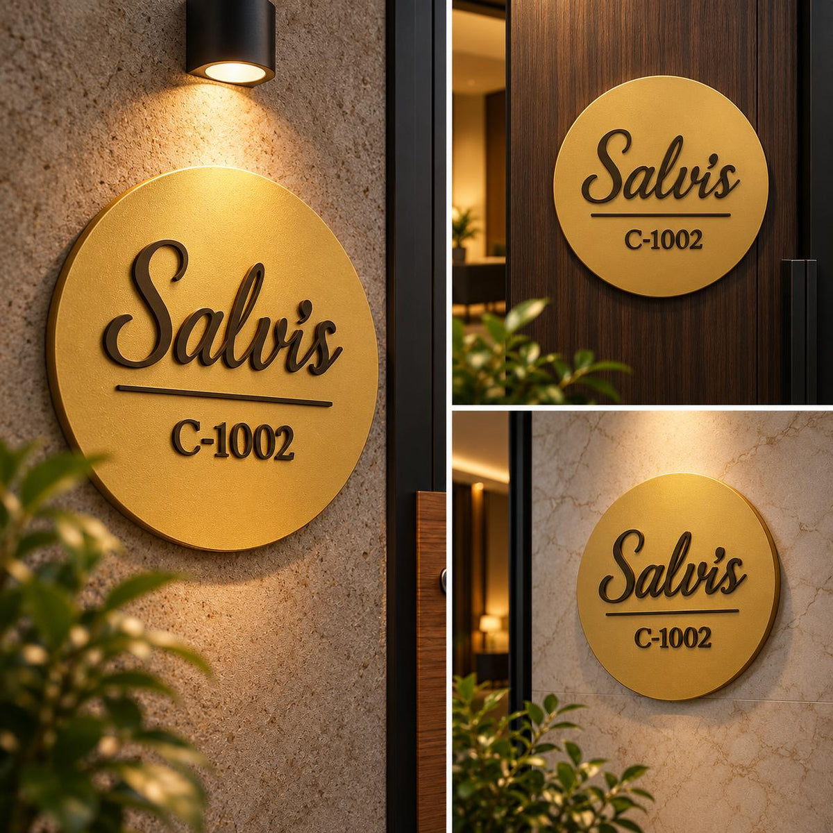 Custom Round Gold House Name Plate with 3D Script Lettering and Apartment Number Sign