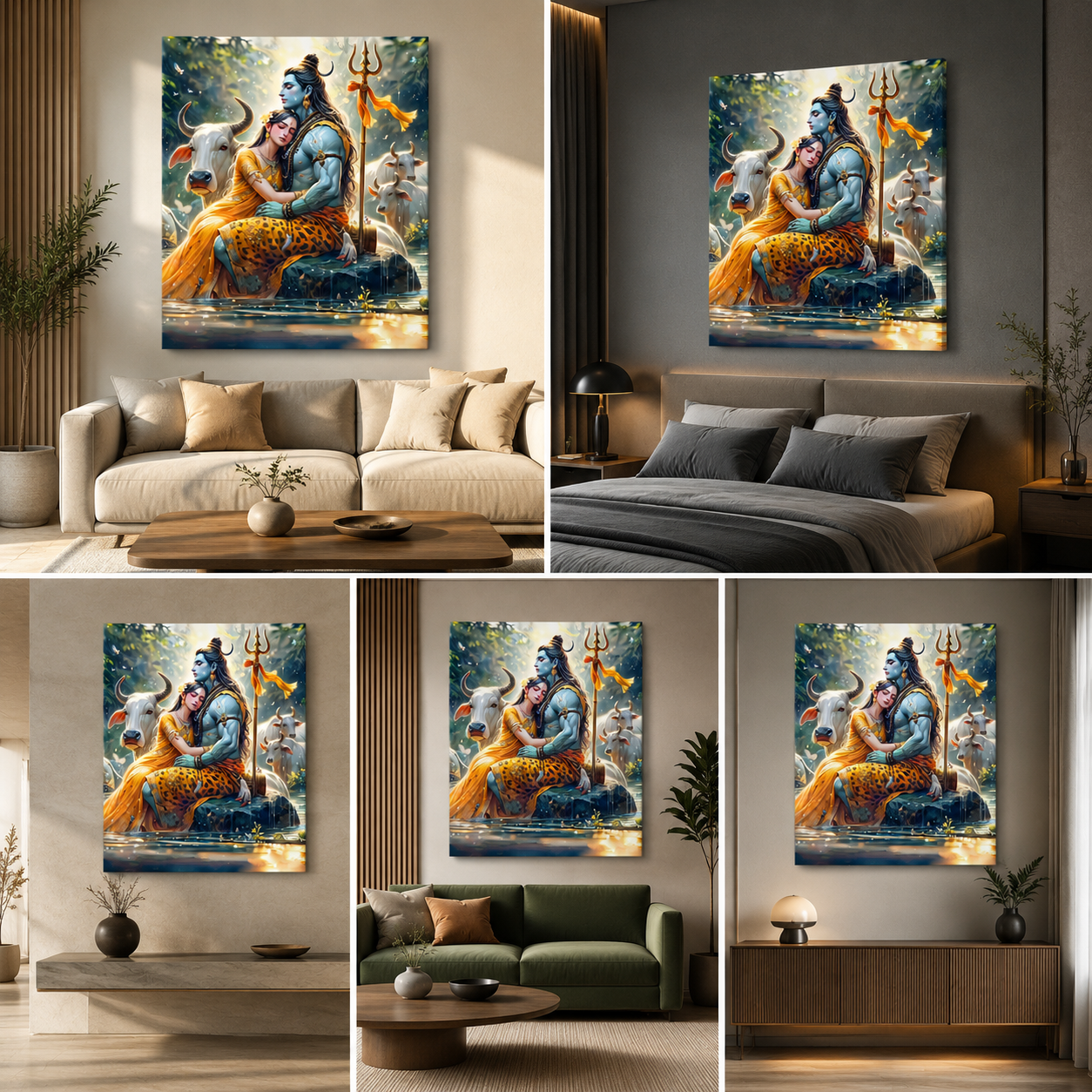 Shiv Parvati Nandi Canvas Painting Frame | Divine Spiritual Wall Art for Living Room Decor