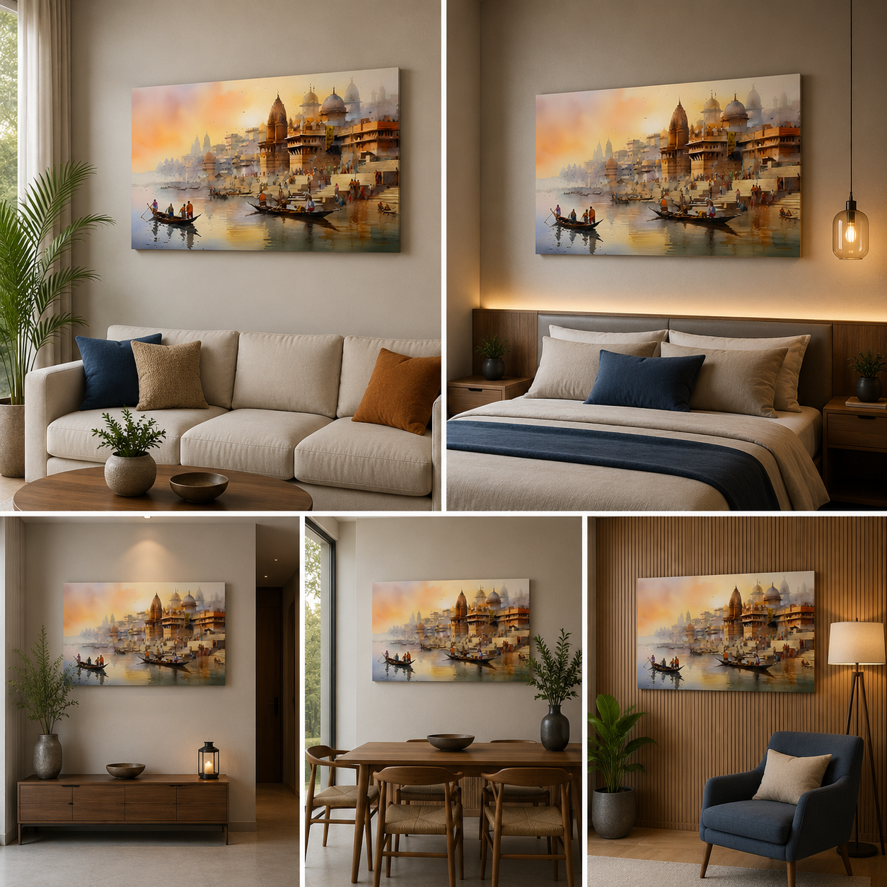 Varanasi Ghat River Scene Canvas Painting Frame Spiritual Cityscape Wall Decor for Living Room