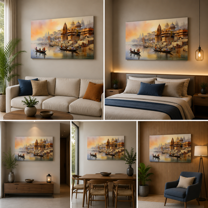 Varanasi Ghat River Scene Canvas Painting Frame Spiritual Cityscape Wall Decor for Living Room