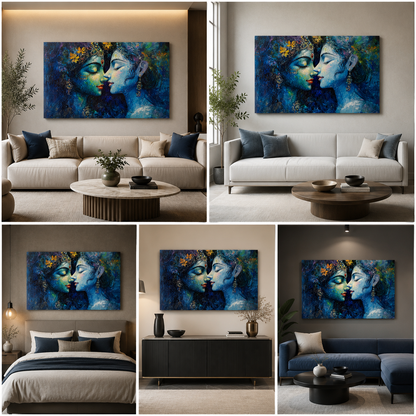 Radha Krishna Blue Abstract Canvas Painting Frame Horizontal Wall Art for Living Room Decor