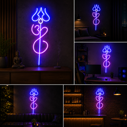 Om Trishul Neon Sign Board | LED Spiritual Neon Light for Home & Temple Decor (24 By 12 Inches)