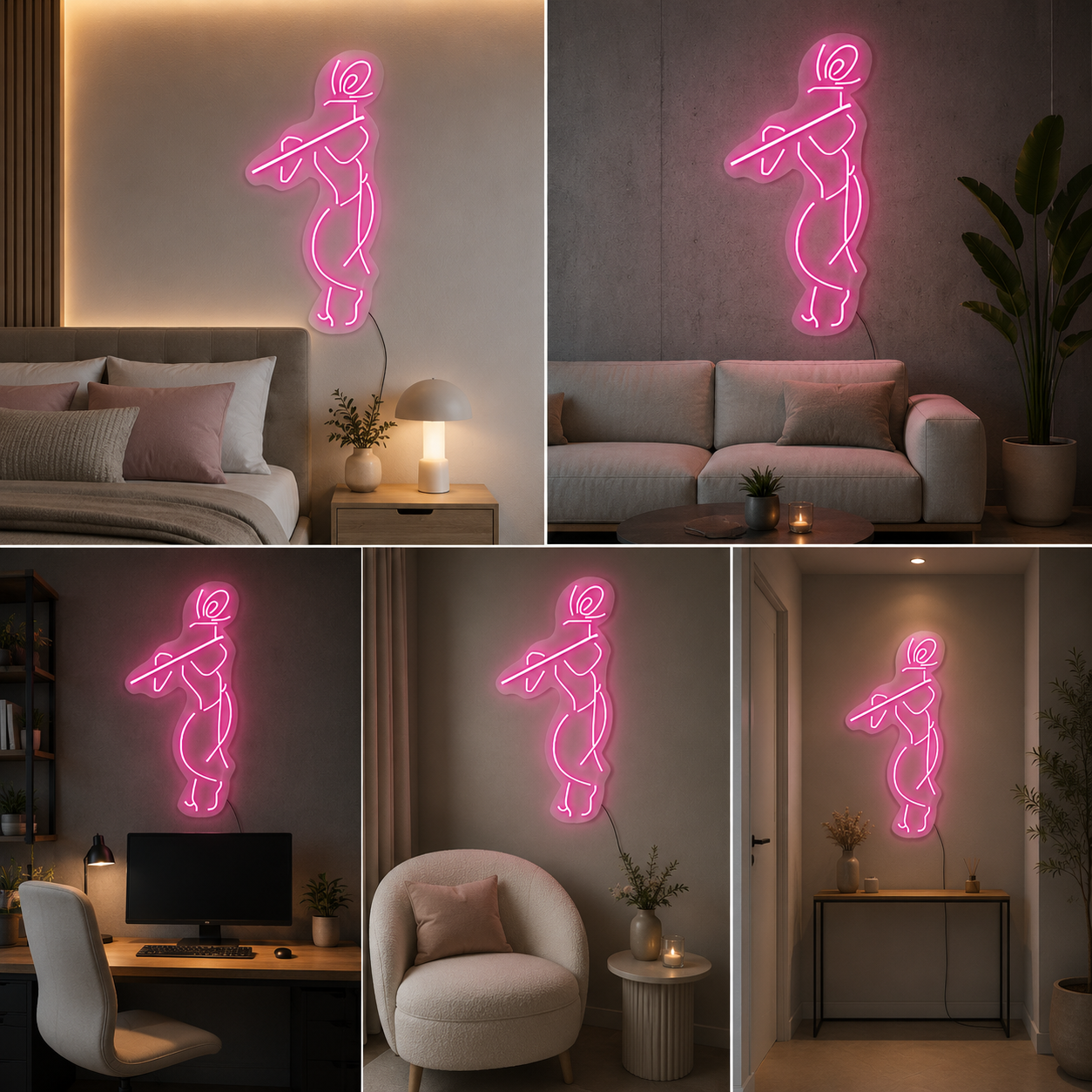 Lord Krishna Playing Flute Neon Sign Board | Pink LED Custom Neon Light Krishna Wall Decor for Home & Mandir (24x12 In)
