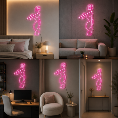 Lord Krishna Playing Flute Neon Sign Board | Pink LED Custom Neon Light Krishna Wall Decor for Home & Mandir (24x12 In)