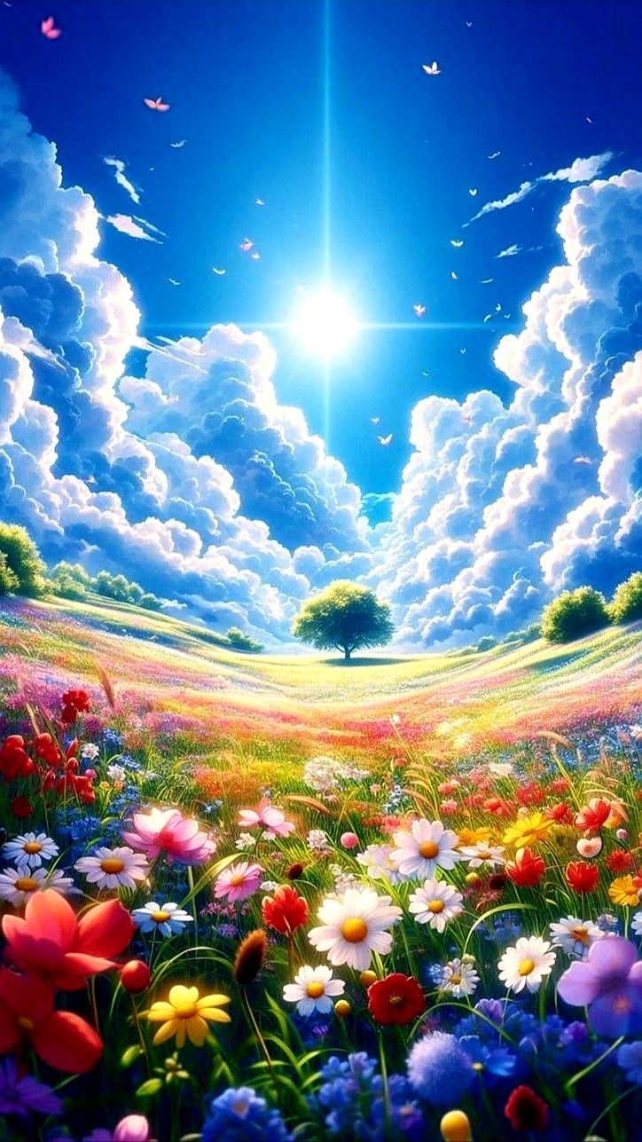 3D Flower Valley Sky Ceiling Design with Sun, Clouds & Colorful Meadow for Modern Interiors