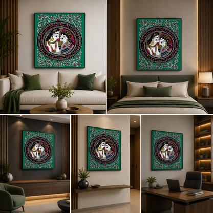 Radha Krishna Madhubani Art Canvas Painting Frame Wall Decor for Living Room Traditional Artwork