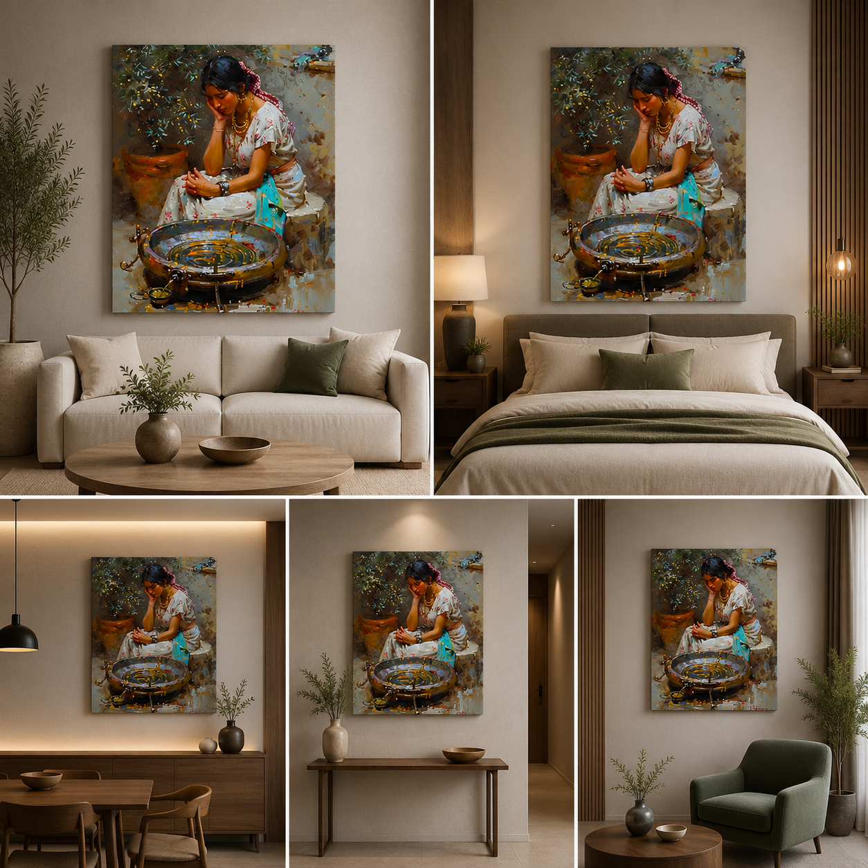 Traditional Indian Village Woman Canvas Painting Frame Wall Art Decor | Rural Pottery Scene Canvas Painting for Living Room