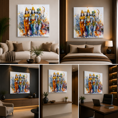 Ram Darbar Canvas Wall Painting Frame | Modern Watercolor Spiritual Canvas Wall Art for Living Room | Large Size Ram Lakshman Sita Painting