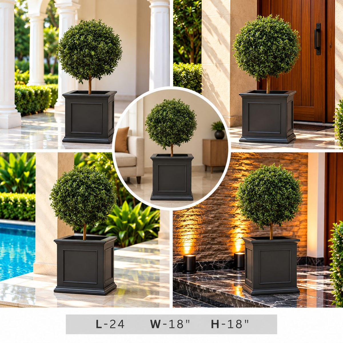 Black Square Planter Box, 24 Inch Classic Decorative Garden Pot for Modern Home & Garden