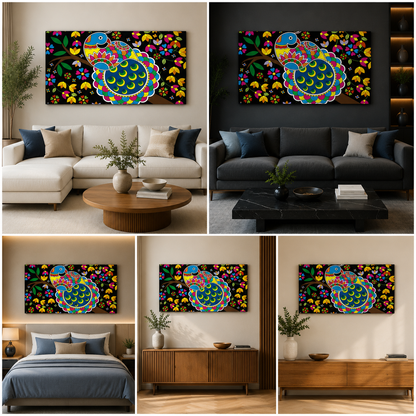 Madhubani Peacock Art Canvas Painting for Modern Home Wall Decor