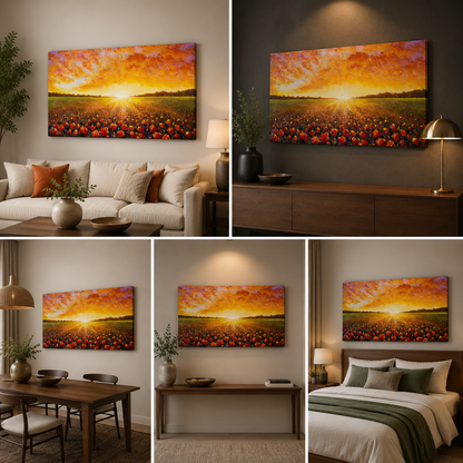 Sunset Flower Field Canvas Wall Painting | Abstract Nature Landscape Art