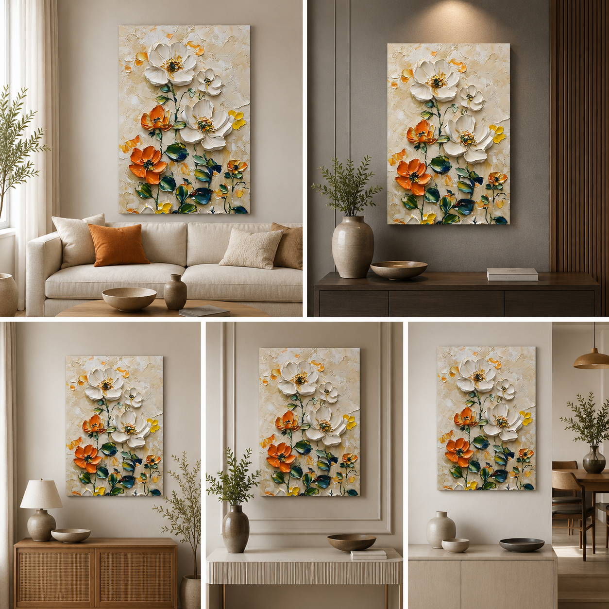 3D Textured Floral Wall Painting | Elegant White & Orange Flower Canvas Art | Vertical Acrylic UV Printed Wall Decor for Living Room Bedroom