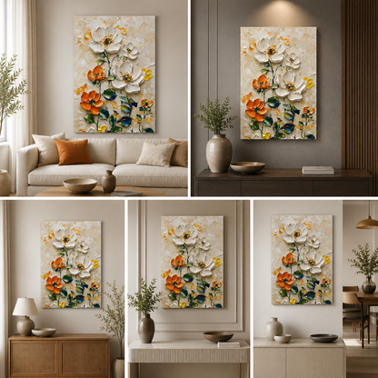 3D Textured Floral Wall Painting | Elegant White & Orange Flower Canvas Art | Vertical Acrylic UV Printed Wall Decor for Living Room Bedroom
